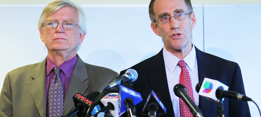 Locke Bowman (right), Director of the Roderick and Solange MacArthur Justice Center, and G. Flint Taylor, a founding partner of the People's Law Office, both attorneys representing the family of David Koschman, speak  at Northwestern Law School in Chicago on Sept. 19, 2013.  | J.Geil/for Sun-Times Media