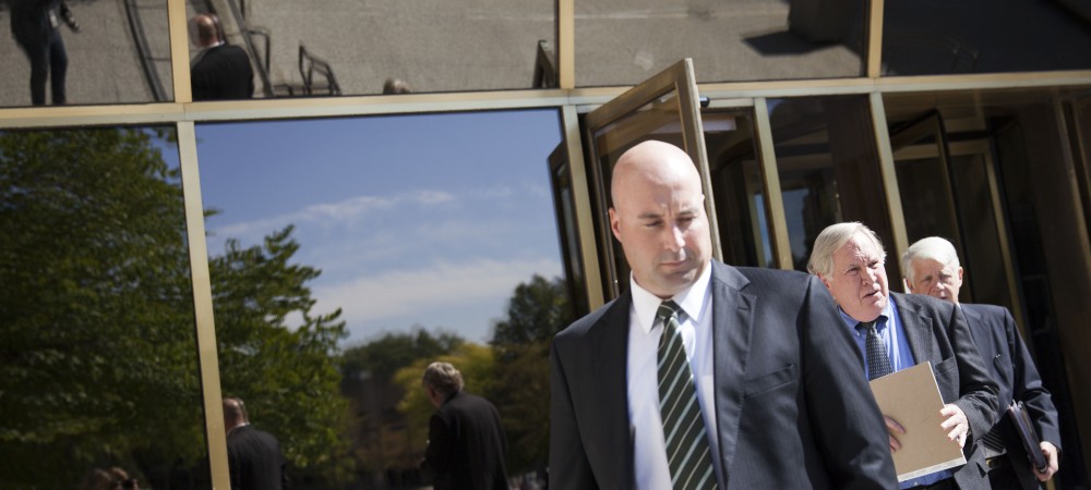 Richard J. “R.J.” Vanecko, left, with his attorneys. | Jessica Koscielniak / Chicago Sun-Times