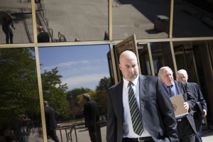 Richard J. “R.J.” Vanecko, left, with his attorneys. | Jessica Koscielniak / Chicago Sun-Times