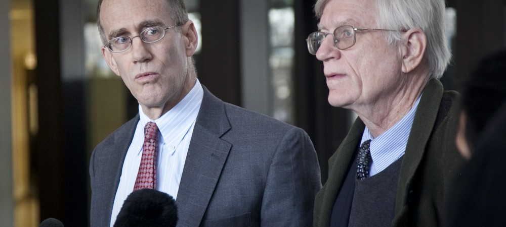 Locke Bowman (left) and G. Flint Taylor, attorneys for Nanci Koschman, speak Wednesday after Cook County Circuit Judge Michael P. Toomin declined to unseal special prosecutor's report in the David Koschman case. | Ashlee Rezin / For Sun-Times Media