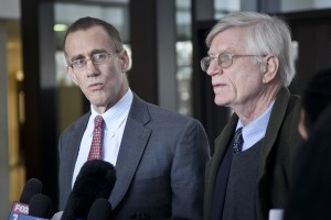 Locke Bowman (left) and G. Flint Taylor, attorneys for Nanci Koschman, speak Wednesday after Cook County Circuit Judge Michael P. Toomin declined to unseal special prosecutor's report in the David Koschman case. | Ashlee Rezin / For Sun-Times Media