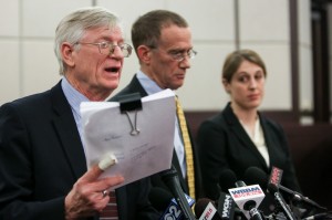 Attorney's for the Koschman family, G. Flint Taylor, Locke Bowman, and Alexa Van Brunt speak discuss the Webb report released today regarding the death investigation of David Koschman, at Northwestern University, School of Law. | Jessica Koscielniak~Sun-Times